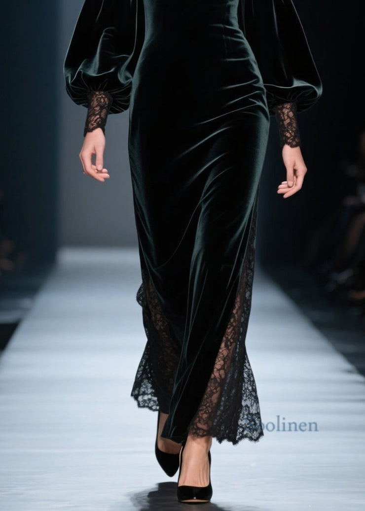 Fashion Blackish Green Cold Shoulder Lace Patchwork Velvet Dresses Fall