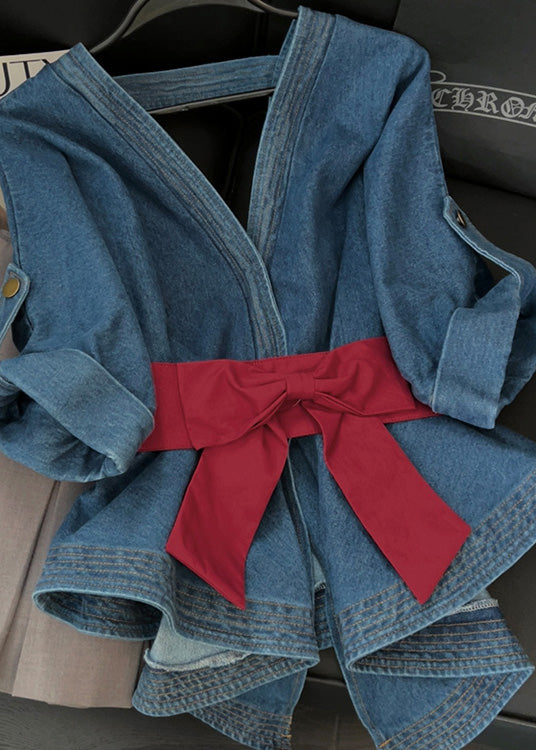 Fashion Blue Asymmetrical Bow Patchwork Denim Top Fall