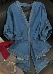 Fashion Blue Asymmetrical Bow Patchwork Denim Top Fall