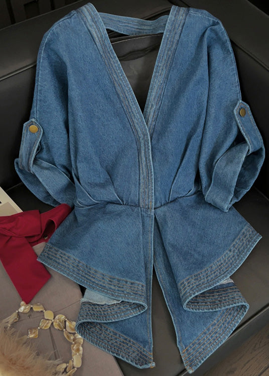 Fashion Blue Asymmetrical Bow Patchwork Denim Top Fall