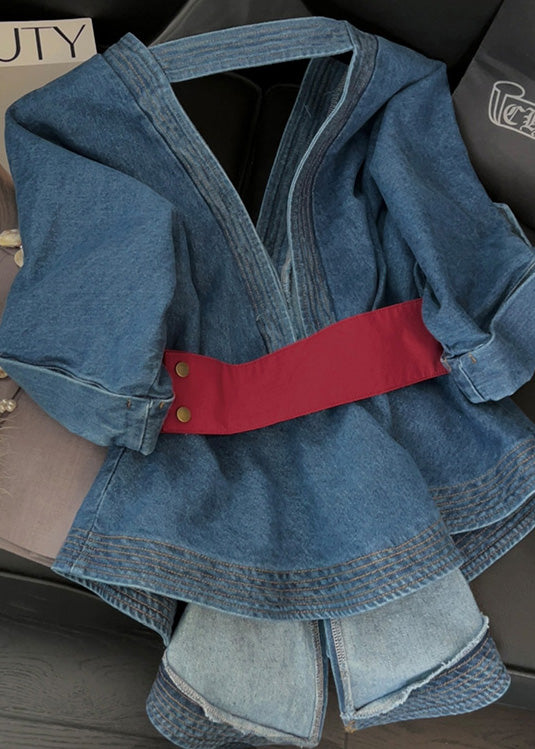Fashion Blue Asymmetrical Bow Patchwork Denim Top Fall