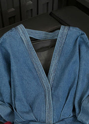 Fashion Blue Asymmetrical Bow Patchwork Denim Top Fall