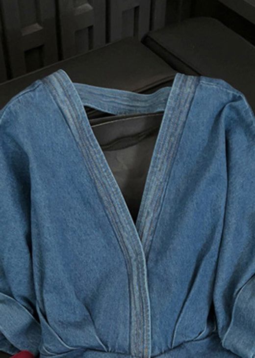 Fashion Blue Asymmetrical Bow Patchwork Denim Top Fall