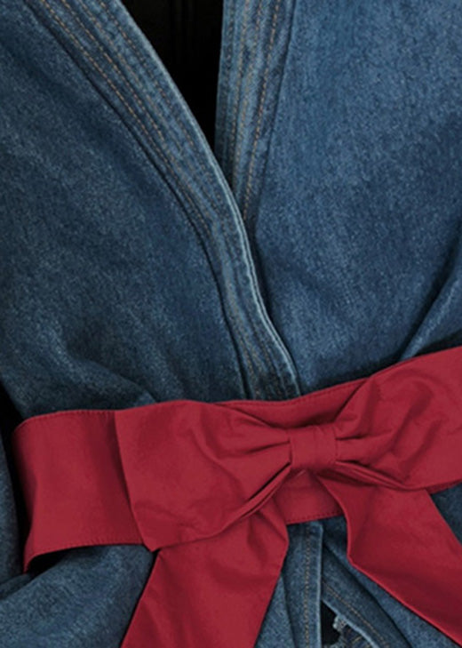 Fashion Blue Asymmetrical Bow Patchwork Denim Top Fall