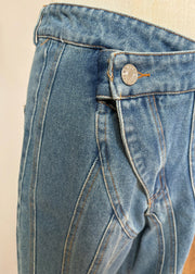 Fashion Blue Asymmetrical Design Pockets Denim Flared Trousers Fall