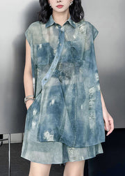 Fashion Blue Asymmetrical Side Open Shirt And Shorts Set