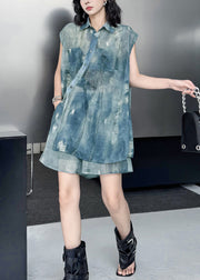 Fashion Blue Asymmetrical Side Open Shirt And Shorts Set