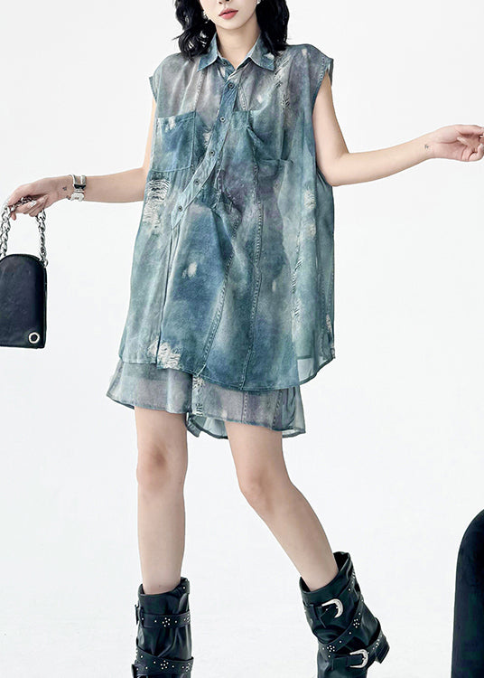Fashion Blue Asymmetrical Side Open Shirt And Shorts Set
