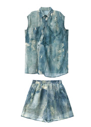 Fashion Blue Asymmetrical Side Open Shirt And Shorts Set