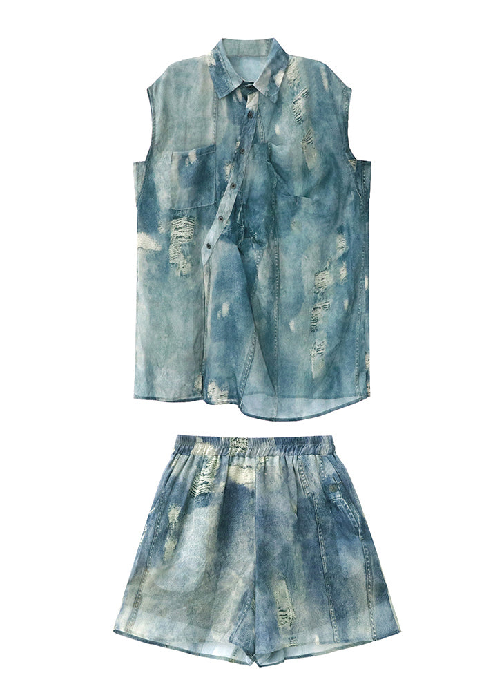 Fashion Blue Asymmetrical Side Open Shirt And Shorts Set