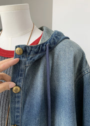 Fashion Blue Button Denim Hooded Coat Fall