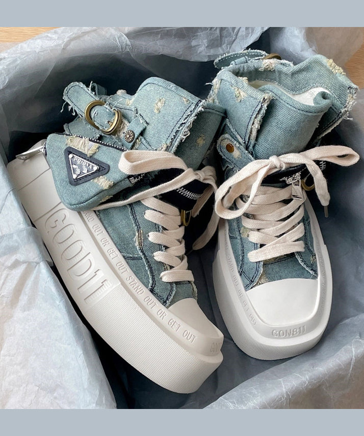 Fashion Blue Canvas Splicing Lace Up Platform Boots