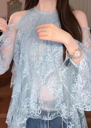 Fashion Blue Cold Shoulder Ruffled Lace Shirt Fall