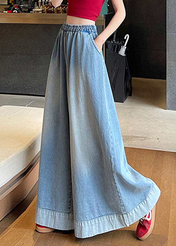 Fashion Blue Elastic Waist Pockets Wide Leg Jeans