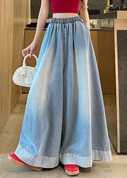 Fashion Blue Elastic Waist Pockets Wide Leg Jeans