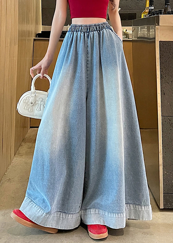 Fashion Blue Elastic Waist Pockets Wide Leg Jeans