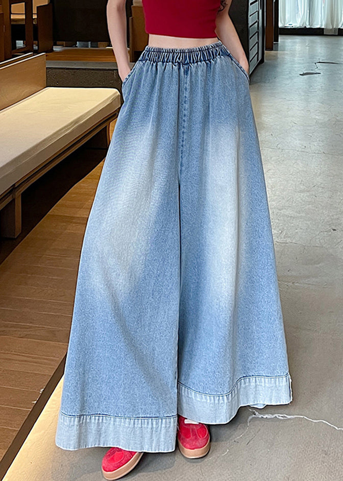 Fashion Blue Elastic Waist Pockets Wide Leg Jeans