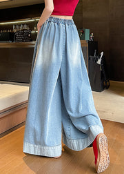 Fashion Blue Elastic Waist Pockets Wide Leg Jeans
