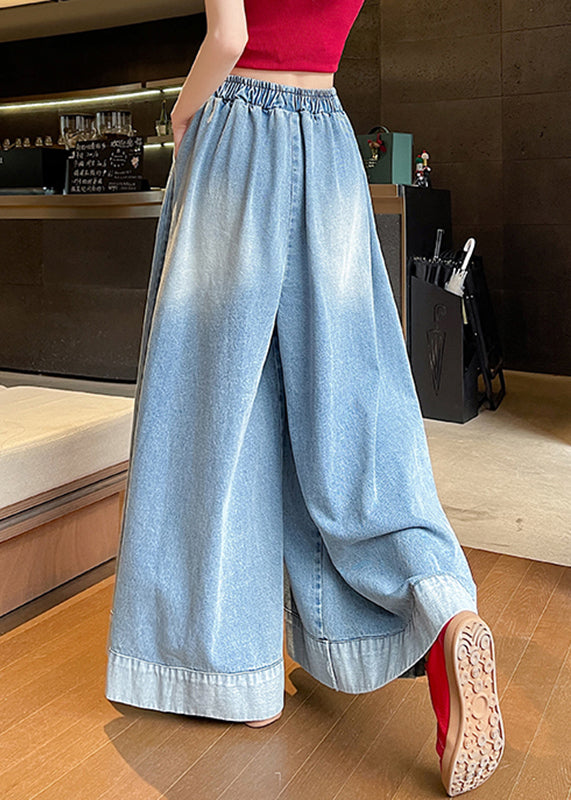 Fashion Blue Elastic Waist Pockets Wide Leg Jeans