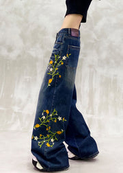Fashion Blue Embroidered Pockets Patchwork Denim Pants Fall