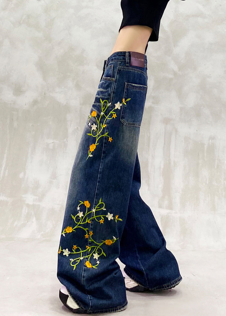 Fashion Blue Embroidered Pockets Patchwork Denim Pants Fall