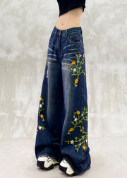 Fashion Blue Embroidered Pockets Patchwork Denim Pants Fall