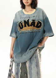 Fashion Blue Embroideried Patchwork Denim Tank Tops Half Sleeve