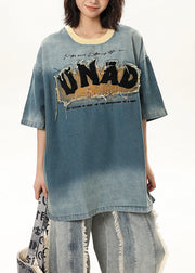 Fashion Blue Embroideried Patchwork Denim Tank Tops Half Sleeve