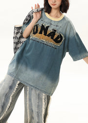 Fashion Blue Embroideried Patchwork Denim Tank Tops Half Sleeve