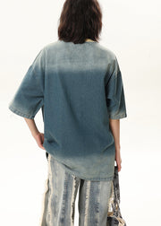 Fashion Blue Embroideried Patchwork Denim Tank Tops Half Sleeve