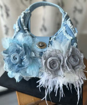 Fashion Blue Floral Tassel Denim Tote Handbag