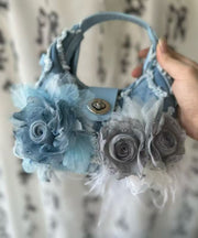 Fashion Blue Floral Tassel Denim Tote Handbag