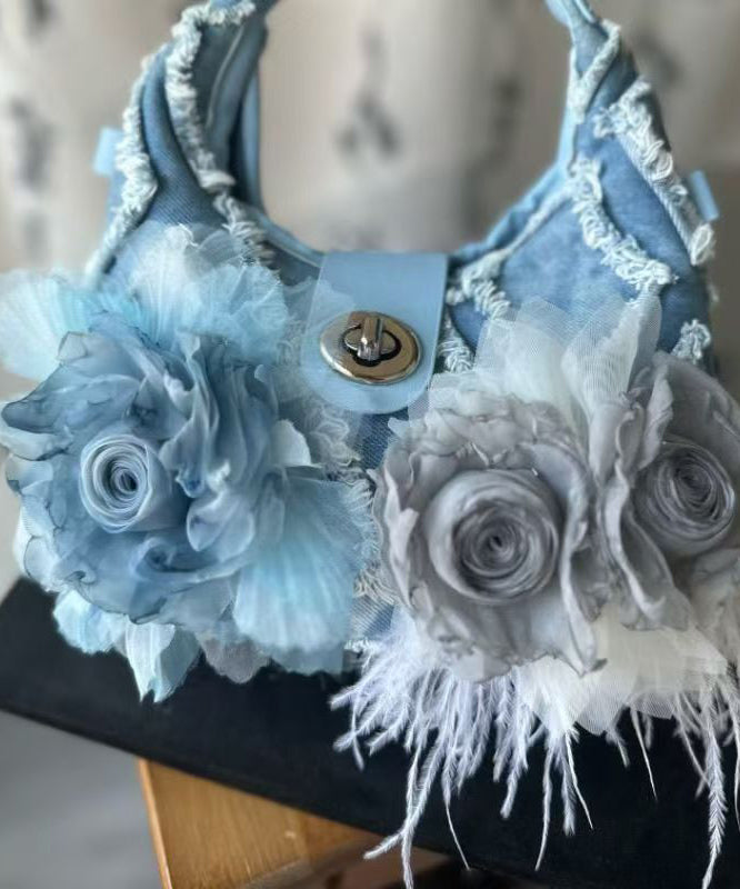 Fashion Blue Floral Tassel Denim Tote Handbag