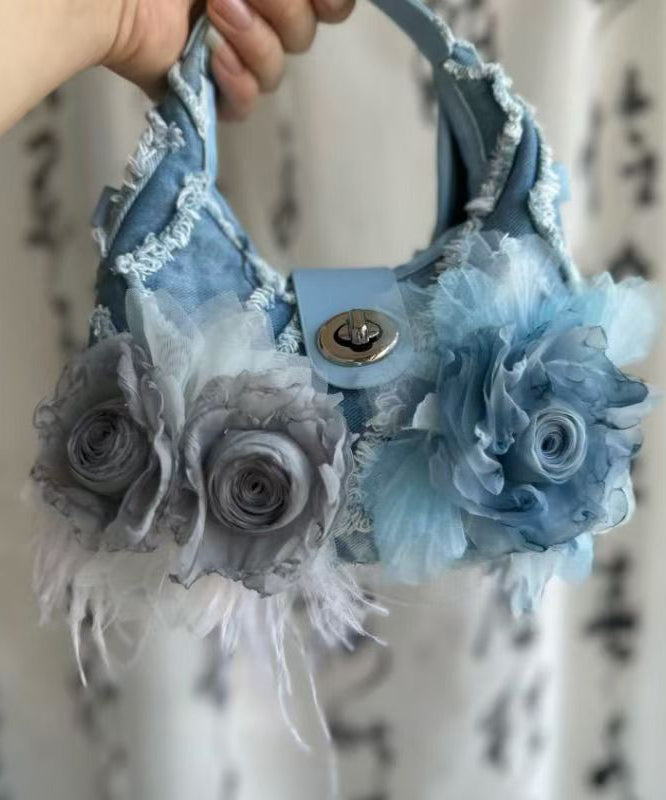 Fashion Blue Floral Tassel Denim Tote Handbag
