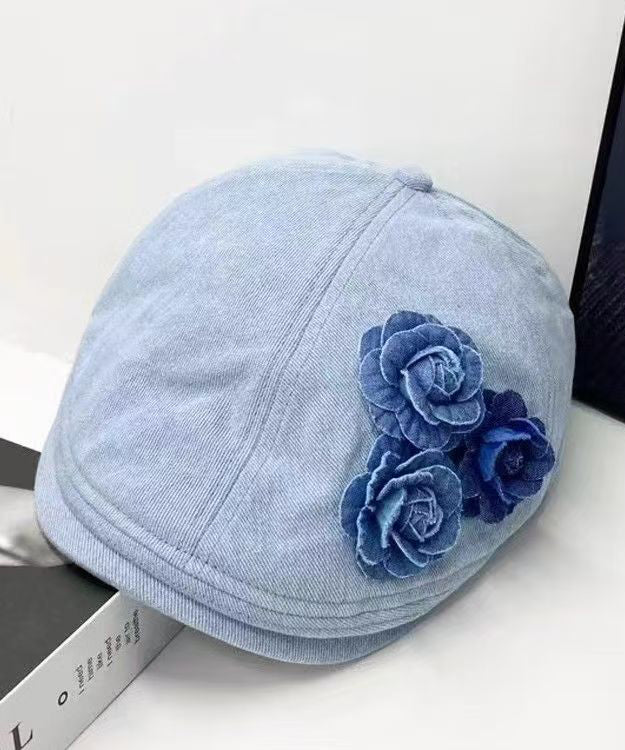 Fashion Blue Floral Versatile Denim Beret Hat