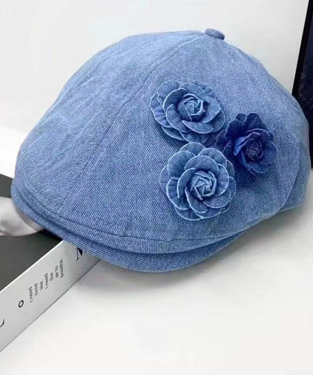 Fashion Blue Floral Versatile Denim Beret Hat