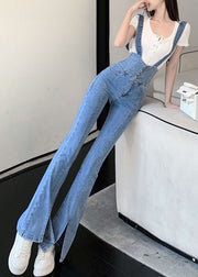 Fashion Blue High Waisted Shoulder Strap Denim Flared Pants Summer