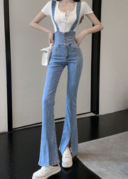 Fashion Blue High Waisted Shoulder Strap Denim Flared Pants Summer