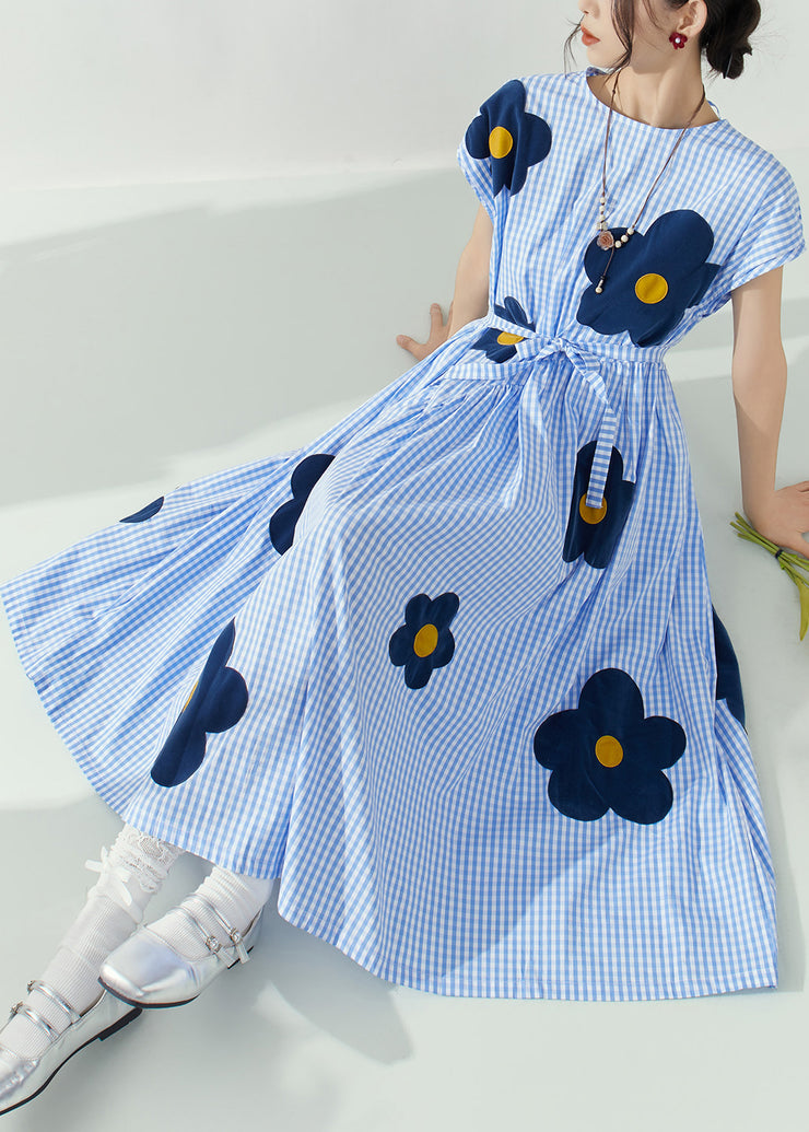 Fashion Blue O-Neck Plaid Tie Waist Floral Maxi Dresses Summer