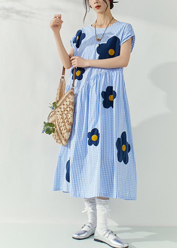 Fashion Blue O-Neck Plaid Tie Waist Floral Maxi Dresses Summer