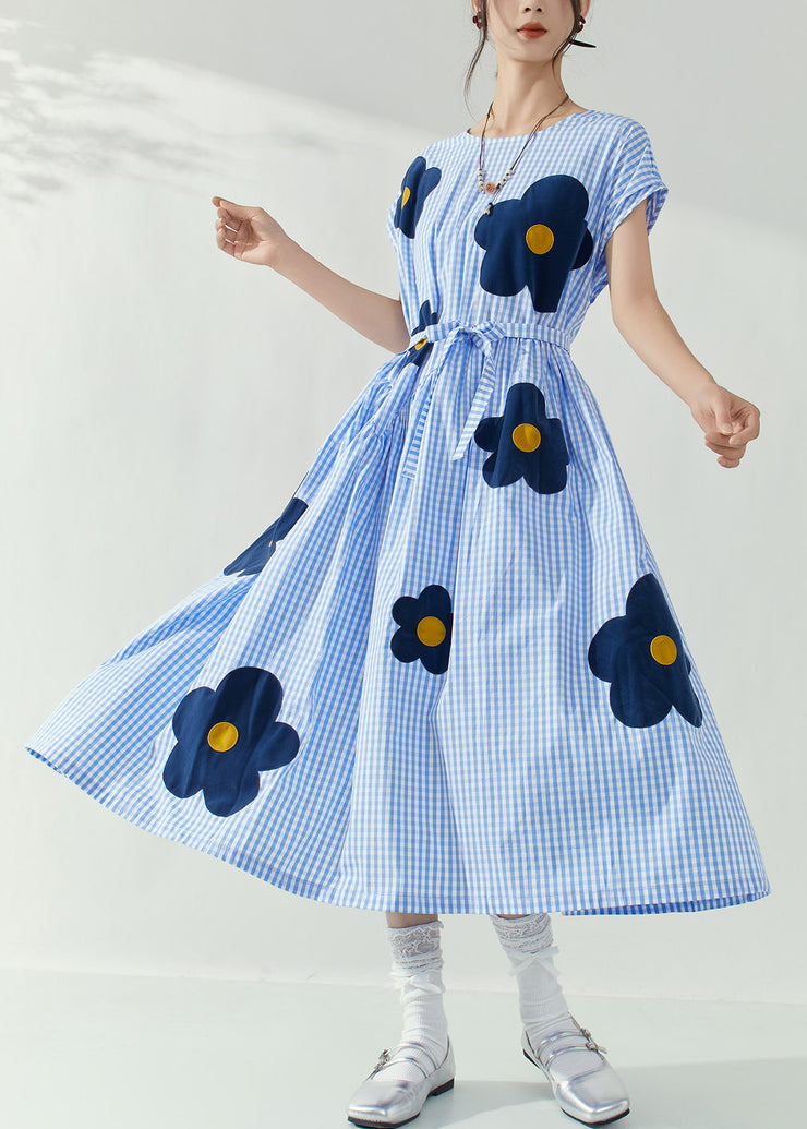 Fashion Blue O-Neck Plaid Tie Waist Floral Maxi Dresses Summer