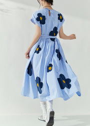 Fashion Blue O-Neck Plaid Tie Waist Floral Maxi Dresses Summer