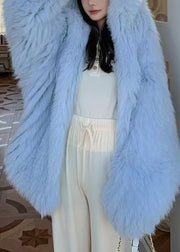Fashion Blue Oversized Hooded Fox Fur Coats Winter