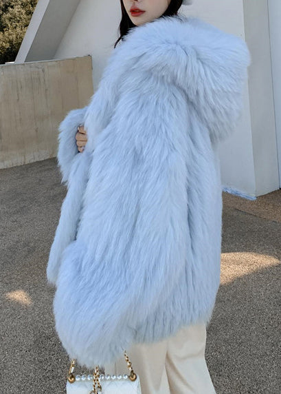 Fashion Blue Oversized Hooded Fox Fur Coats Winter