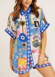 Fashion Blue Peter Pan Collar Print Ice Silk Two Pieces Set Summer