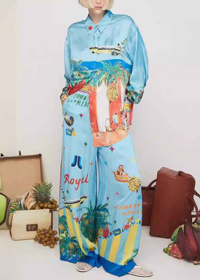 Fashion Blue Peter Pan Collar Shirts And Wide Leg Pants Two Pieces Set Spring