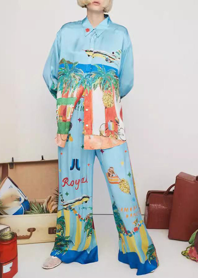 Fashion Blue Peter Pan Collar Shirts And Wide Leg Pants Two Pieces Set Spring