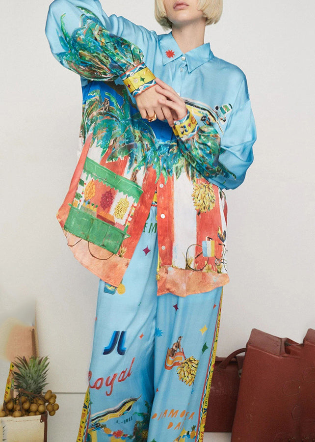 Fashion Blue Peter Pan Collar Shirts And Wide Leg Pants Two Pieces Set Spring
