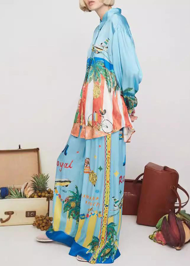 Fashion Blue Peter Pan Collar Shirts And Wide Leg Pants Two Pieces Set Spring
