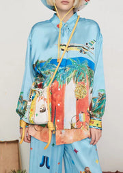 Fashion Blue Peter Pan Collar Shirts And Wide Leg Pants Two Pieces Set Spring
